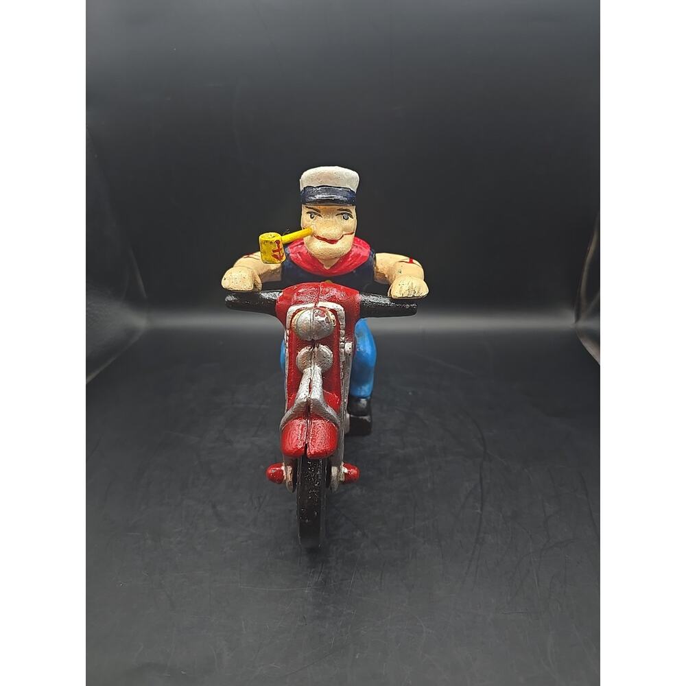 VINTAGE POPEYE THE SAILOR MAN ON MOTORCYCLE CAST IRON